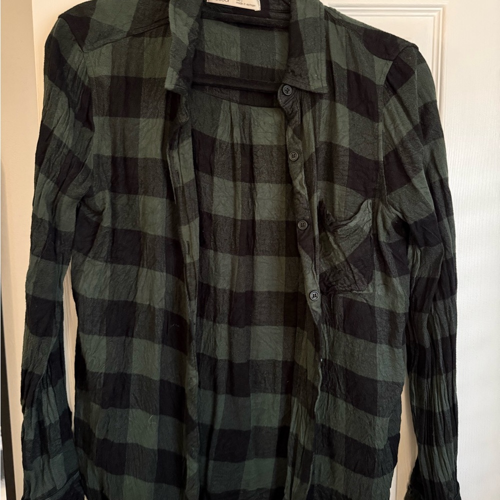Green and Black Plaid Button-Up Shirt